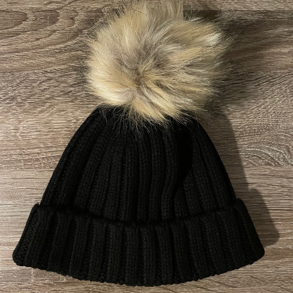 J.Crew Ribbed beanie faux-fur pom, Black NEW w tag